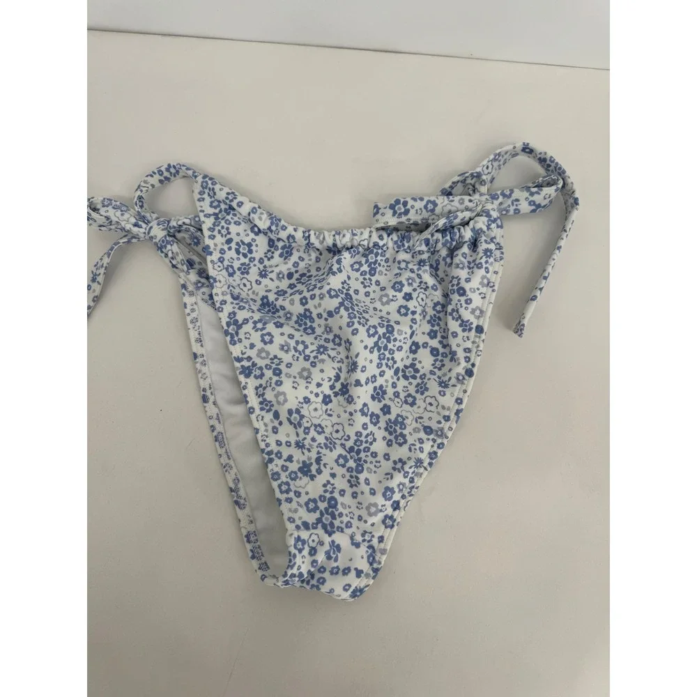 Hollister Blue White Floral Side Tie Bikini Bottoms High Cut Women Medium M